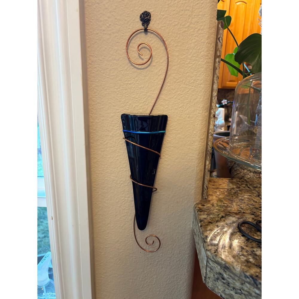Cobalt Art Glass and Copper Wall Sconce Vase